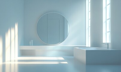 Minimalist white bathroom with large round mirror, soft natural light pouring in through a window, clean and modern interior design, high-end style,