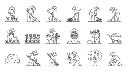 Farmer Gardening and Planting Trees Outdoors in Simple Line Art Style
