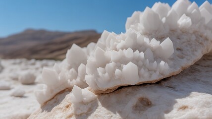 Pure White Halite Salt Crystals Growing on Dead Sea Rocks, Geometric Mineral Formations with Natural Cubic Structure and Desert Landscape Background