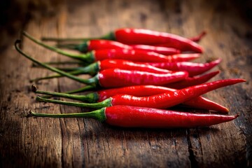 Row of bright red Thai chilies arranged on a rustic wooden board