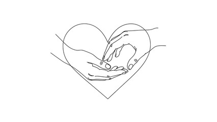 A beautiful minimalist continuous line art illustration of two hands forming a heart, symbolizing care and connection