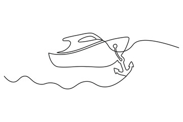 Fototapeta premium Minimalist single line drawing of a speeding motorboat with an anchor, modern nautical illustration for summer leisure and marine activities.