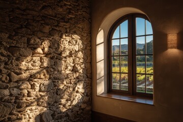 Rustic interior with an arched window overlooking grapevines at golden hour