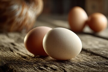 Rustic kitchen scene featuring farm eggs arranged on a wooden board, shell textures and warmth