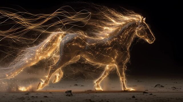 A horse is running through a field of gold dust. Zodiac fire horse in motion, sparks trailing behind, dynamic yet uncluttered scene