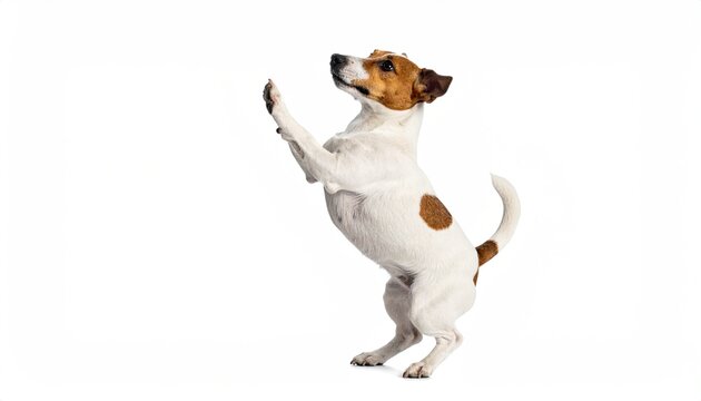Dog standing upright, paws raised, looking up