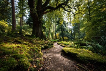 Fototapeta premium Serene forest path with mossy trunks and dappled light along a sunlit corridor
