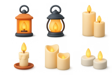 Charming cartoon light icons featuring candles and lanterns for festive design and decoration