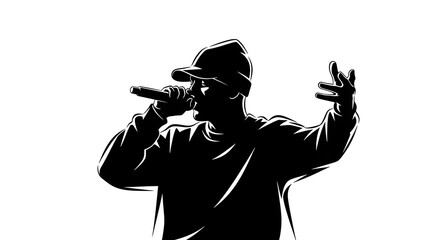 Dynamic black silhouette of a singer or rapper performing with a microphone isolated PNG with Transparent Background