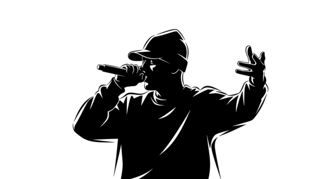 Dynamic black silhouette of a singer or rapper performing with a microphone isolated PNG with Transparent Background - Powered by Adobe