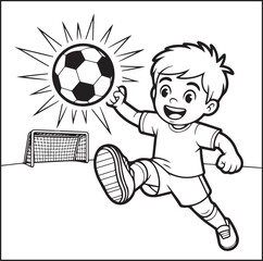 Obraz premium Cute boy playing soccer in the field black vector line art illustration coloring book design for kids and adults