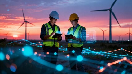 Engineers with tablets at wind farm