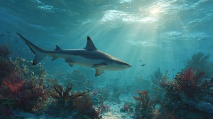 Obraz premium Shark gliding through clear blue water under sunbeams in a serene ocean scene