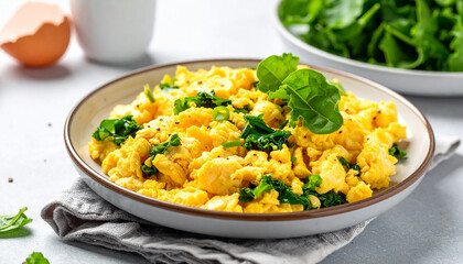 Scrambled eggs with spinach and kale on a plate with eggshell breakfast food