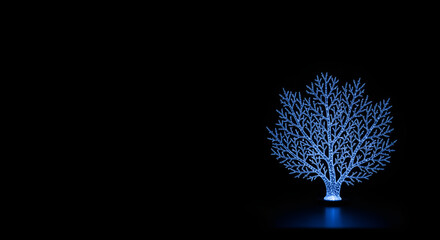 Abstract digital tree network structure glowing with light on dark background illustrating data connections and technological process flow