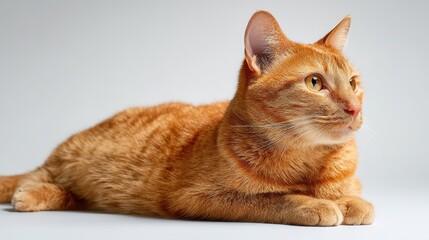 Side-view ginger cat resting on a white backdrop with ample copy space