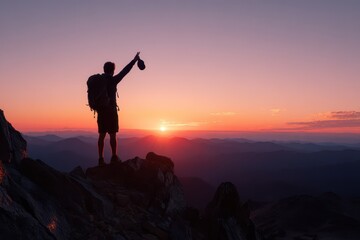 Fototapeta premium Silhouette Hiker at Sunset on a Mountain Summit with Cap Raised