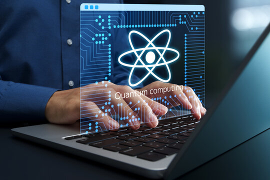 Accessing quantum computer via cloud. Solving complex optimization problems. Businessman using quantum cloud service on laptop computer.