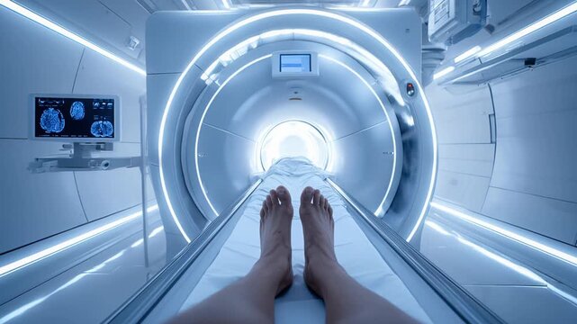 Anxious patient pov entering futuristic mri scanner at modern clinic for crucial medical diagnostic imaging examination. Experiencing advanced healthcare technology