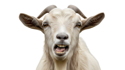 Close up portrait of a funny white farm goat making a humorous expression with its mouth open isolated PNG with Transparent Background