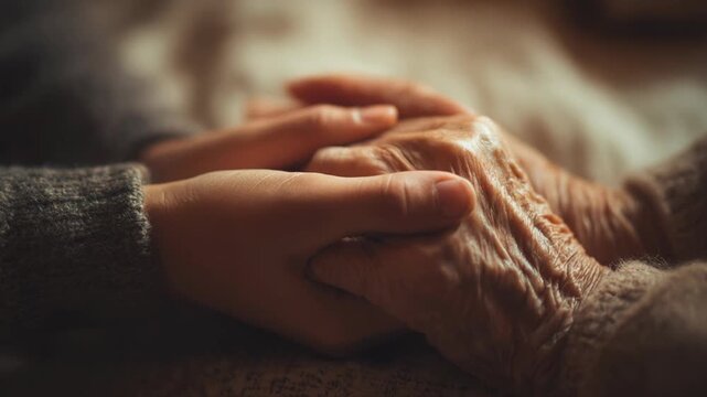 Young generation holding hand with an old senior, beautiful moment of family support, gentle care, and deep comfort, symbol of endless love and compassion