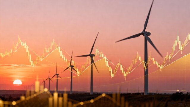 Wind turbines at sunset with financial graph overlay - Powered by Adobe