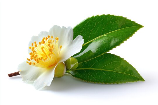 Single Camellia sinensis tea flower with green leaves on a white background
