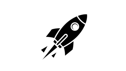 Black vector icon of a flying rocket launching upwards representing startup, speed, and business growth isolated PNG with Transparent Background