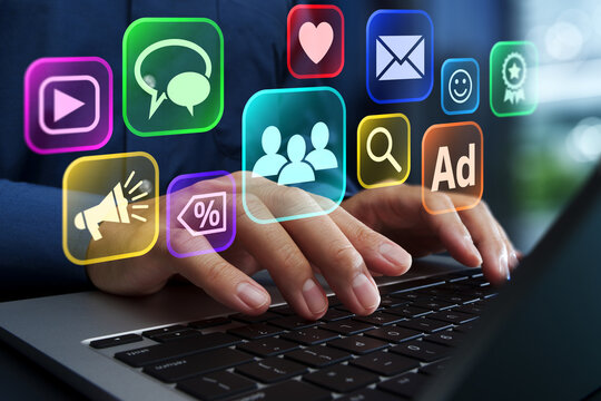 Digital marketing and social media marketing strategy. Internet campaign management. Businessperson using laptop computer for planning campaign.