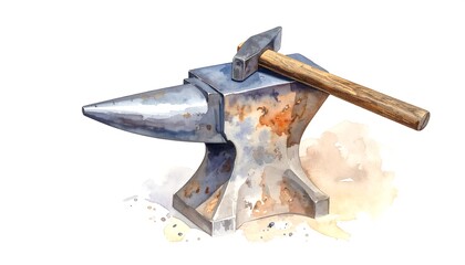 Watercolor illustration of a weathered anvil with a hammer resting on top. The rendering depicts tools of a blacksmith