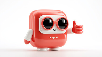 Cheerful red square mascot with oversized round glasses, white face, and thumbs-up pose. Ideal for family-friendly brands, education, gaming, or cartoon branding, conveying positivity, approachability
