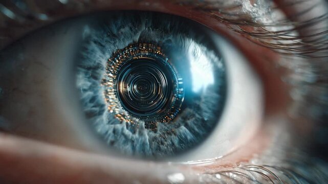 Intense macro closeup of futuristic blue cyborg eye, bionic robot camera lens represents future vision through advanced technology, artificial intelligence, and constant surveillance