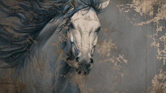 A painting of a horse with a long mane and tail. The horse is depicted as having a strong. Zodiac horse fine art style, subtle textures, balanced negative space, zodiac horse wall art