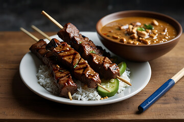 Grilled beef satay with glossy peanut sauce