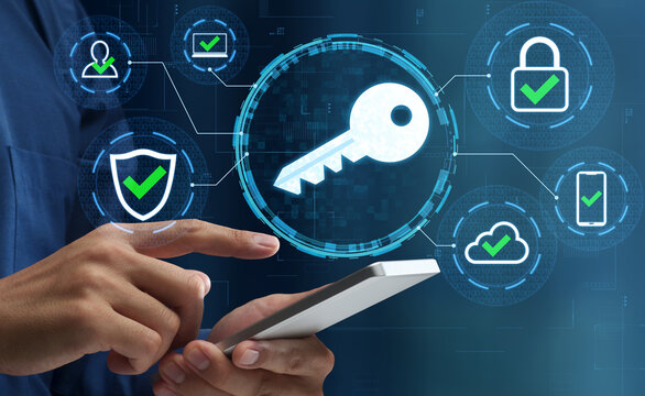 Passkeys and secure passwordless authentication technologies. Man tapping smartphone. Encryption key icon.