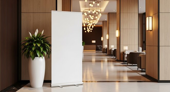Blank white rollup banner stand mockup in a luxurious modern hotel lobby, ideal for advertising, branding, or event information