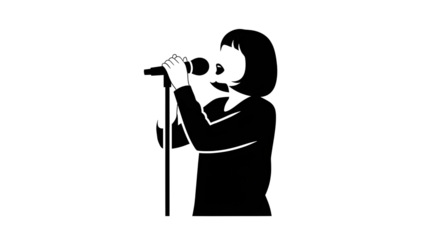 Simple black and white vector icon of a female singer performing live karaoke on white.