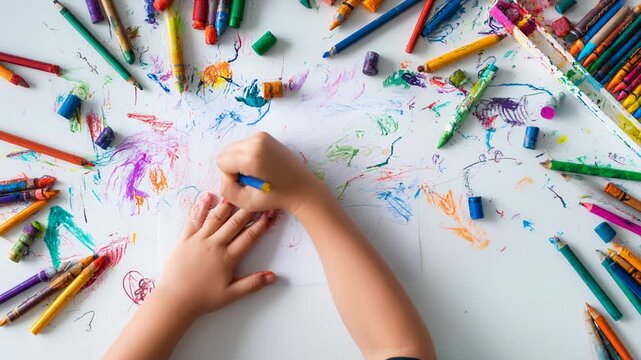 Creative child drawing colorful vdo on paper with crayon and pencil. joyful art activity for childhood imagination, promoting creative preschool education from top view