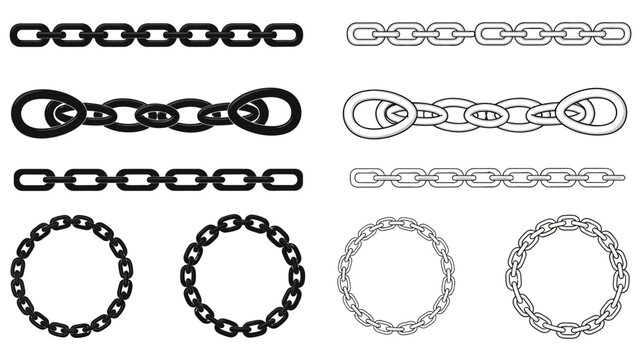 Various styles of metal chains in black and gray vector illustrations