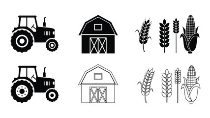 Farm life icons tractor barn wheat and corn illustrations in black and white © Rokiya Aktar