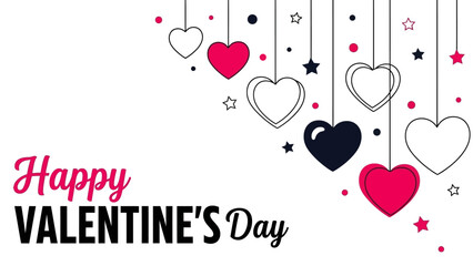 Joyful Valentine's Day celebration graphic with decorative hanging hearts, stars, and elegant typography expressing love and affection on a clean white background, perfect for romantic greetings