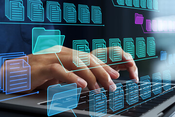 Business document management system. File and folder icons. Legal document archiving and retrieval solutions. Businessman using laptop computer to control document versions.
