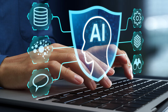 AI security and governance. Data and model protection from adversarial attacks. Businessman using robust AI systems on laptop computer.