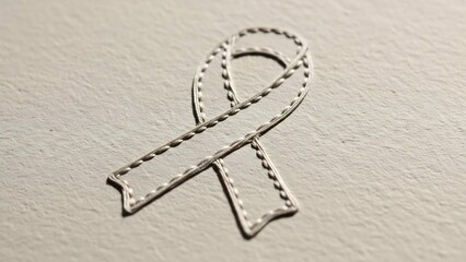 Delicate metallic wire awareness ribbon with stitched texture, symbolizing hope and support against a textured background.