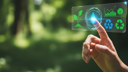 ESG Sustainability Technology: Hand Interacting with Digital Hologram for Water Conservation and Eco Management. Scientific Concept: Hydrology & Sustainable Ecology Development.