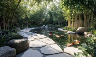 Fototapeta premium Peaceful meditation garden featuring a koi pond, bamboo trees, and stone pathways under soft natural light