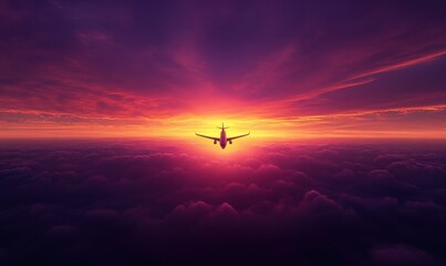 Plane flying above the horizon during sunset, vibrant orange and purple sky tones, peaceful and serene aviation scene, clean minimalist style,