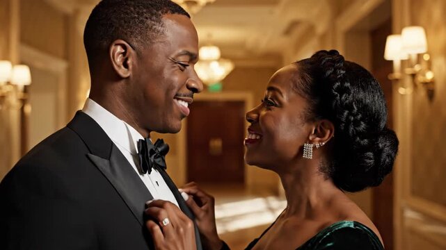 A smiling african american couple in formal attire adjusts his bow tie in a warmly lit, luxurious hotel hallway.