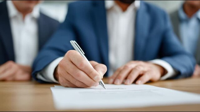 Close-up of a businessman's hand signing an important document with a pen at a meeting