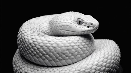Fototapeta premium Albino snake coiled, black and white studio portrait